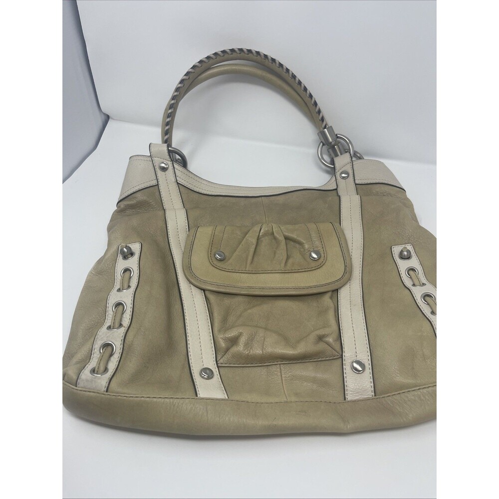 B Makowsky Beige Soft Leather Hobo Purse Bag Tote, Leopard Print Two Tone